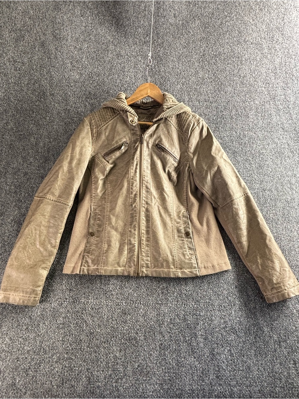 Sebby Women's Hooded faux leather Utility Jacket in Taupe Beige